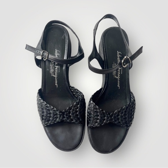 Ferragamo Classic Slingback Sandals Woven Leather Top Black Leather Shoes 8B - Picture 14 of 14